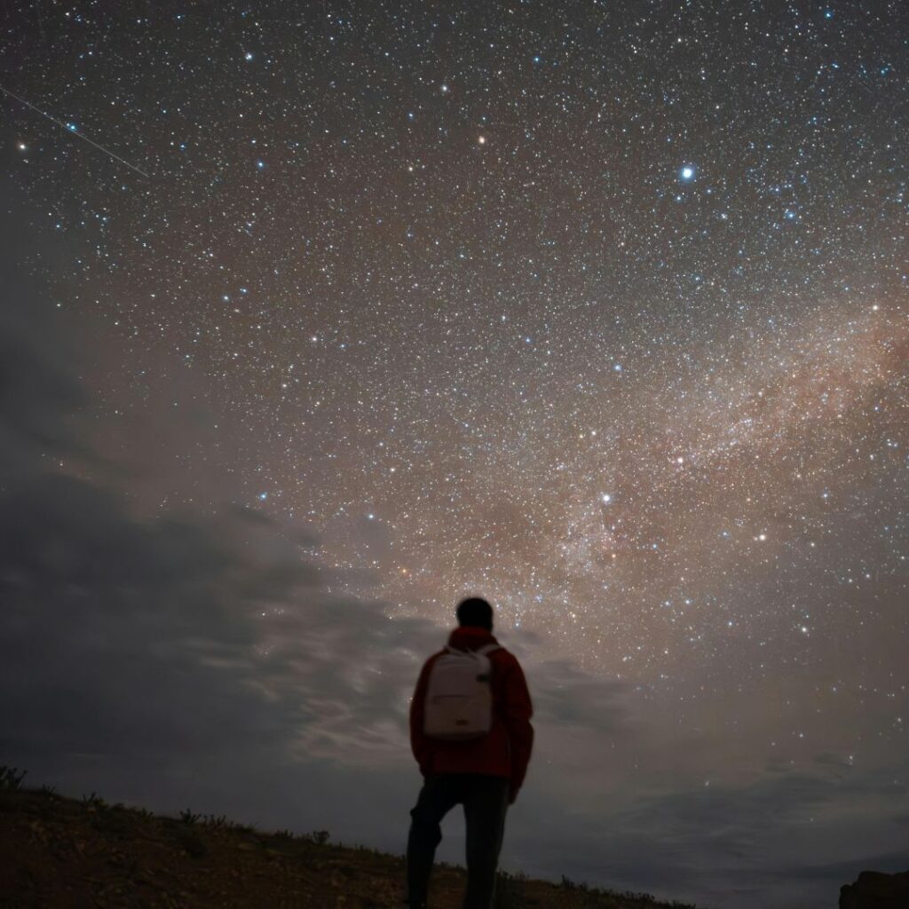a person looking at the galaxy of stars in wonder